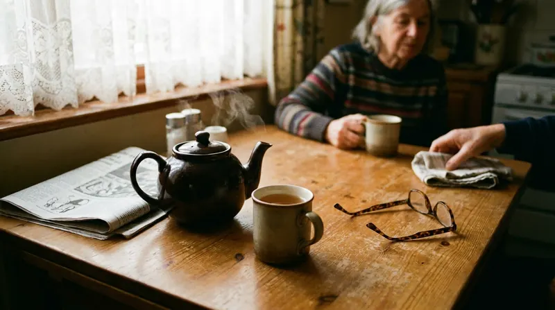 A brown teapot steaming beside a folded morning paper on a kitchen table