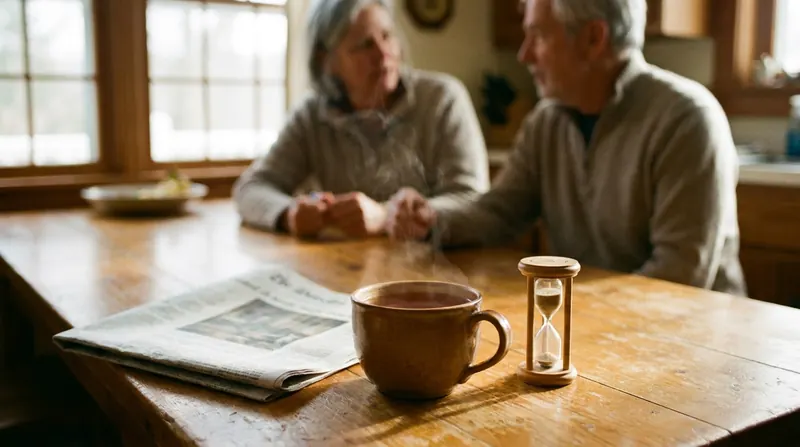 A kitchen table with a steaming mug of herbal tea and a folded newspaper
