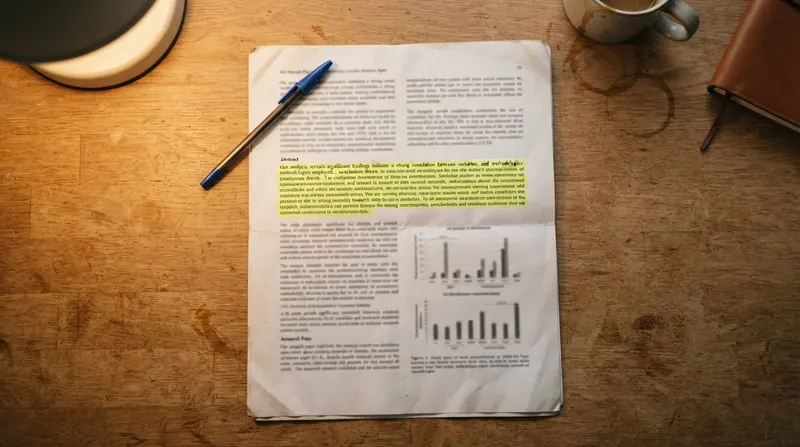 A folded research paper with a highlighted abstract and coffee ring stains