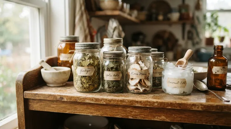 Dried herbs in small glass jars on a wooden shelf