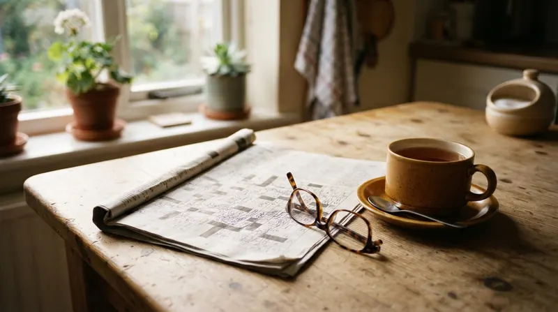 A folded crossword puzzle filled in with pen beside a mug