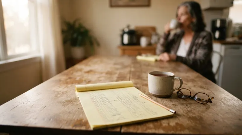 A legal pad with a handwritten ledger of daily notes beside a mug
